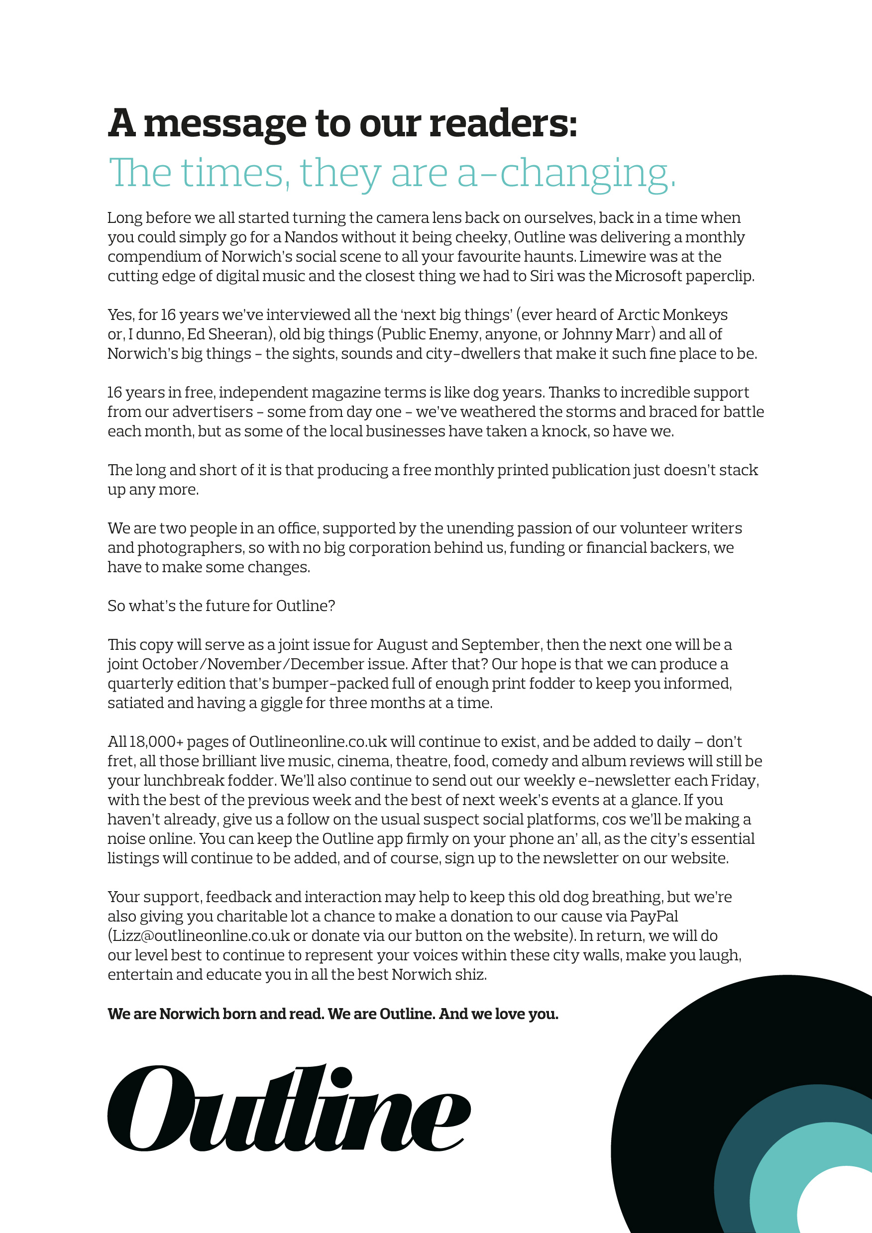 A message to our readers